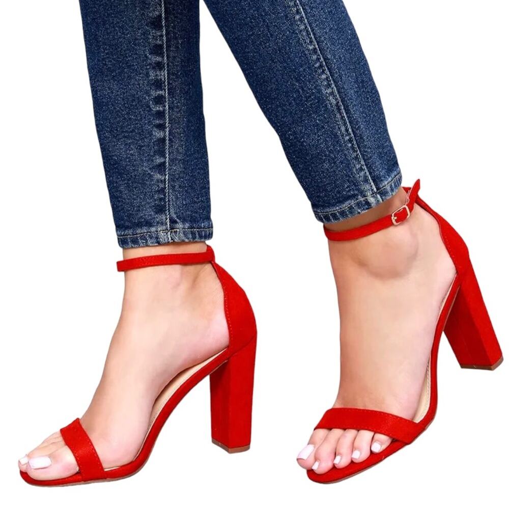 Lulu’s Size 6 1/2 Taylor Faux Vegan Red Suede Block Heel Ankle Strap Sandal NWOT